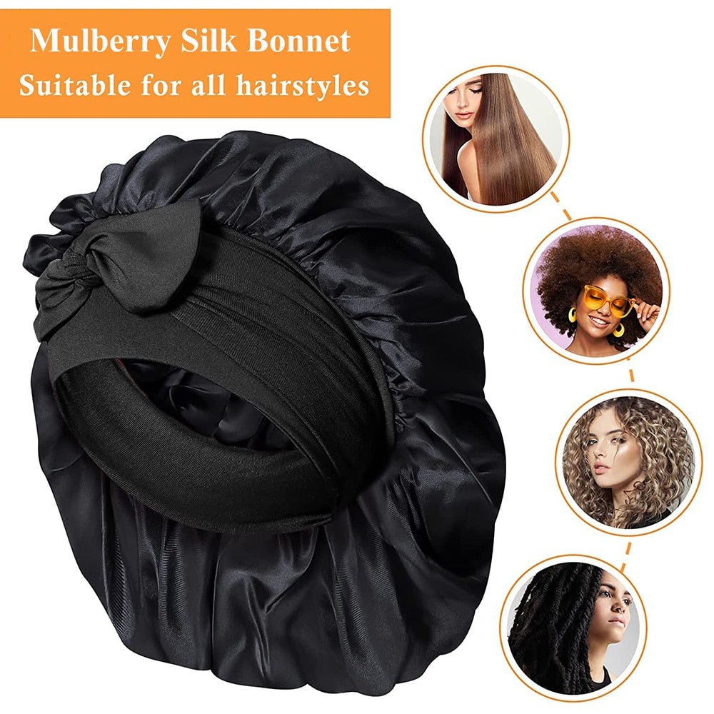 100% Mulberry Silk Large Bonnet With Elastic Tie Band