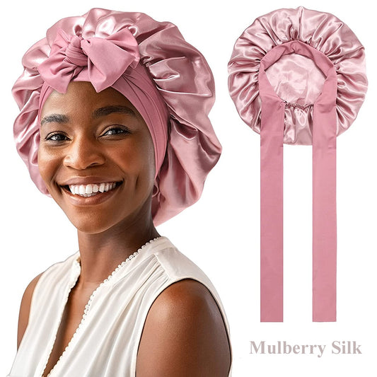 100% Mulberry Silk Large Bonnet With Elastic Tie Band